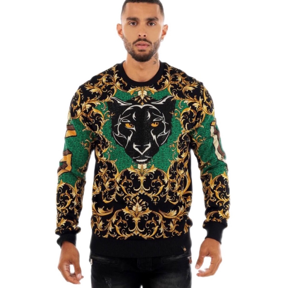 AVENUE GEORGE V PARIS Black Green Crewneck Baroque Panther Long Sleeve Sweater